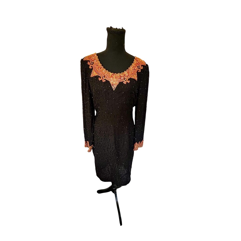 Vtg 90s silk beaded long sleeve sheath LBD Moroccan look multi embellishment 10
